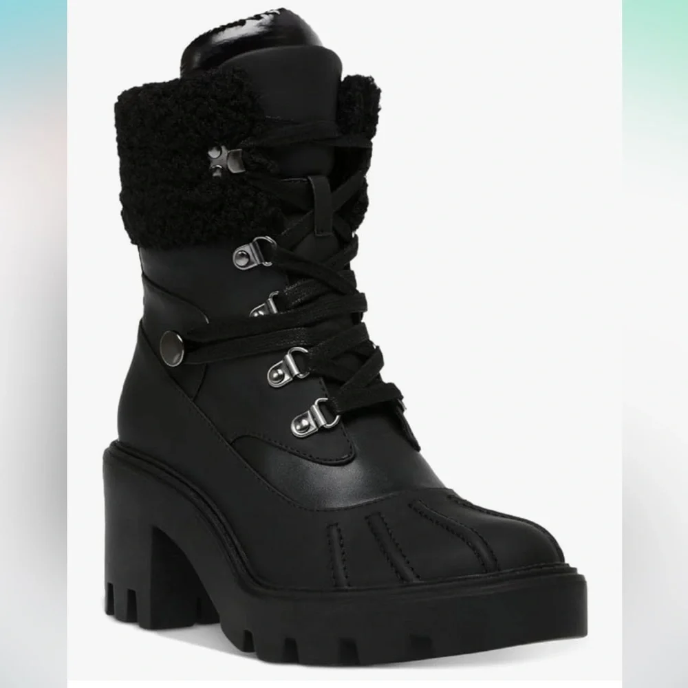 Steve Madden Boots Northern Winter Faux Fur Trim Lug Soles Black SIZE 7 New
